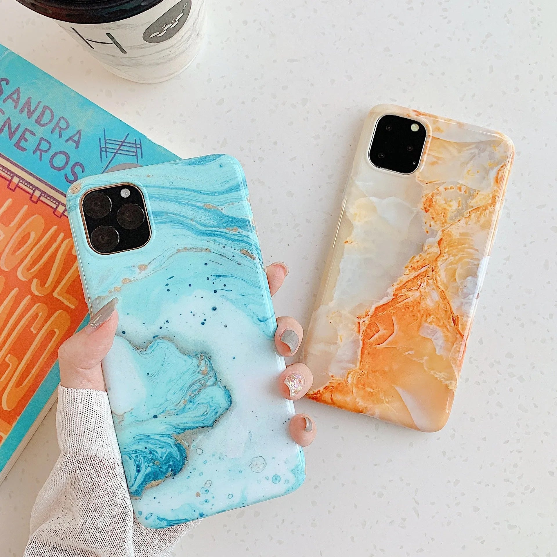 Frosty marble silicone phone case back cover with geometric pattern in multiple colours for iPhone models