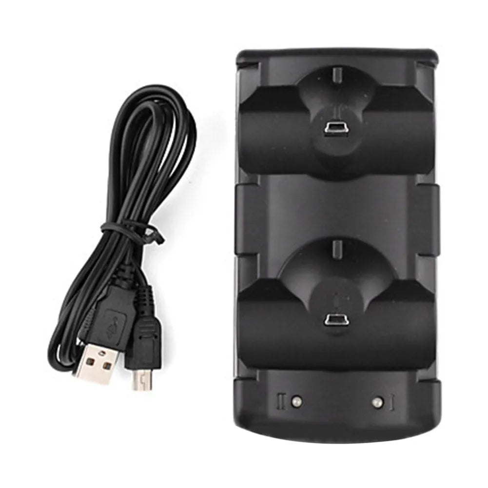 Black dual charging dock for PlayStation 3 with two controllers placed on charging contacts