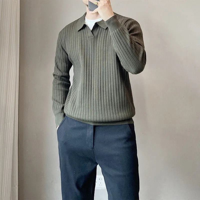 Men's loose grey knitted pullover sweater with long sleeves, rabbit fur modal fabric.
