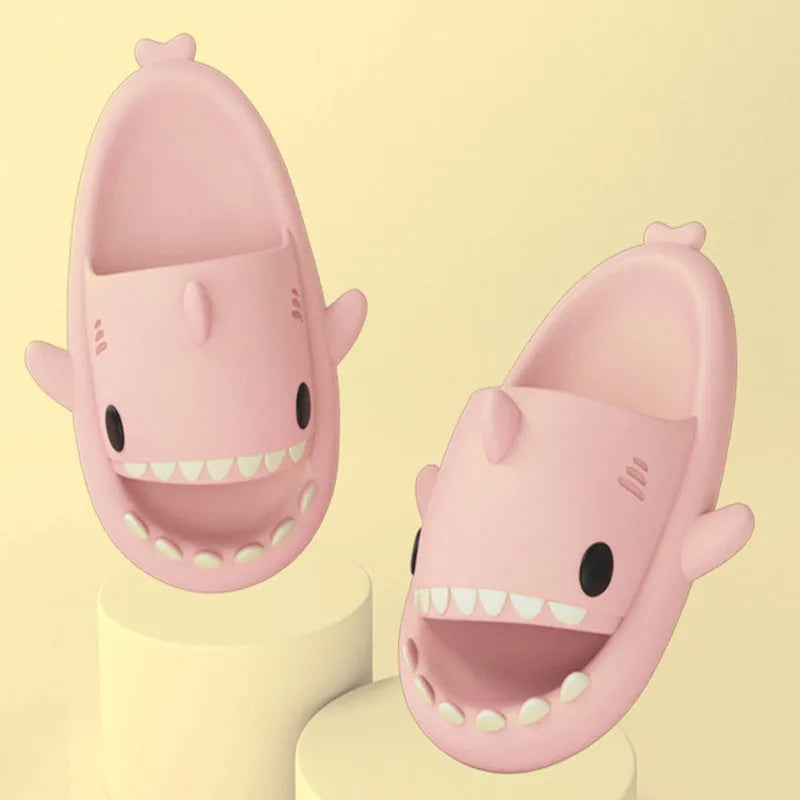 Beige cartoon shark slippers with EVA sole and anti-skid texture, size 38/39