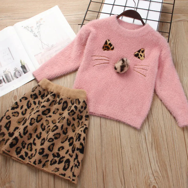 Children's knitted sweater suit for girls, long sleeve skirt set, beige with leopard print, soft fabric autumn winter 90-130cm