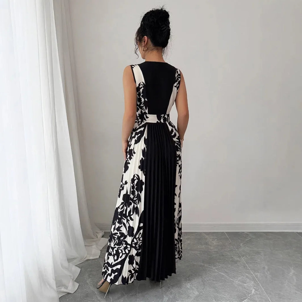 Sleeveless floral print colour-block midi dress with V-neck and high waist, in black polyester