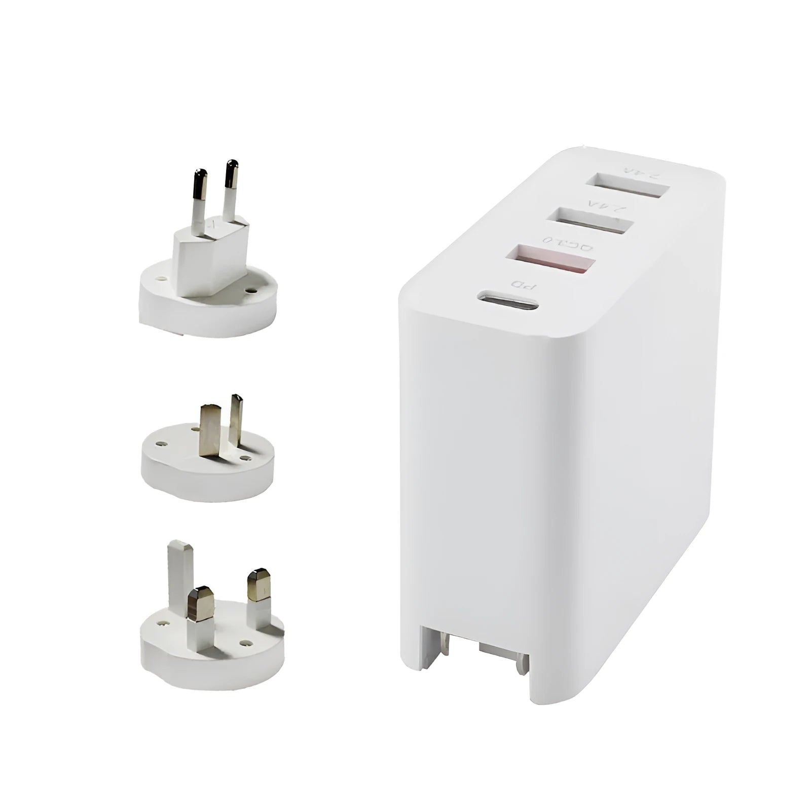 Black 48W USB-C four-port fast wall charger with UK plug on a wooden surface