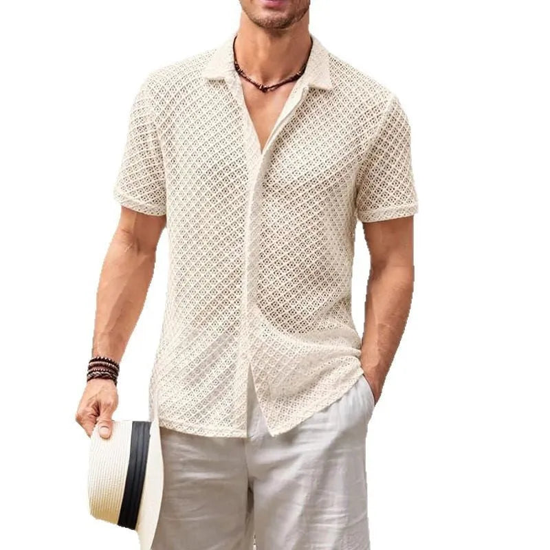 Men's solid colour short sleeve lapel cardigan shirt in a mesh cotton blend fabric