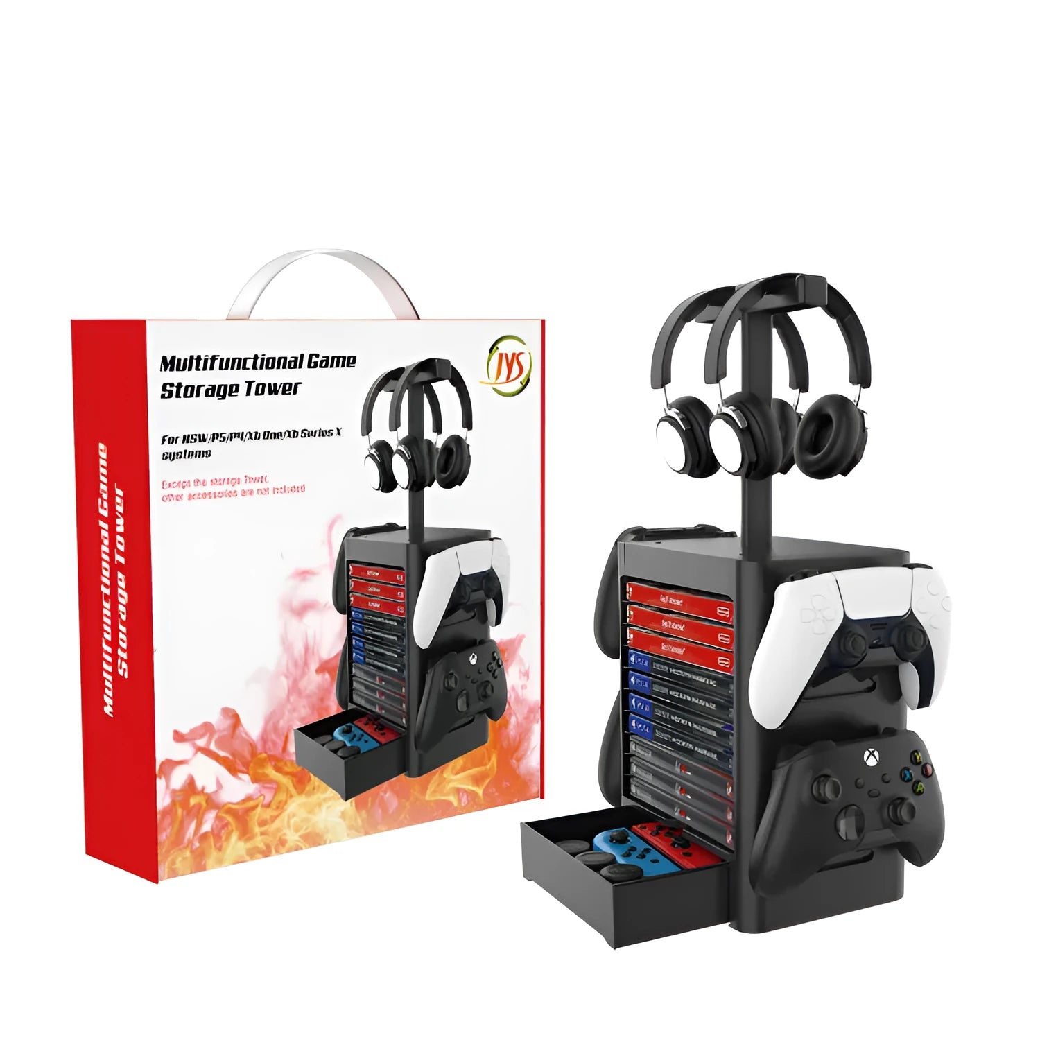 Black ABS gaming console storage rack with hanging controllers, headphone top and drawer for PS5 Xbox Switch accessories