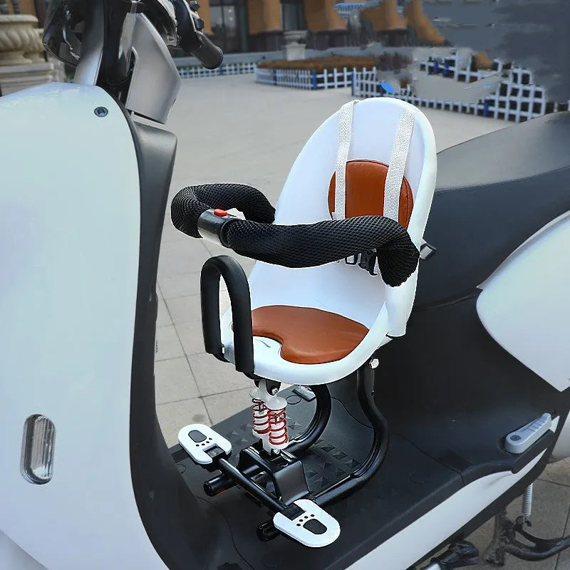 Children's front scooter seat with high carbon steel frame in white, red, or black colour options