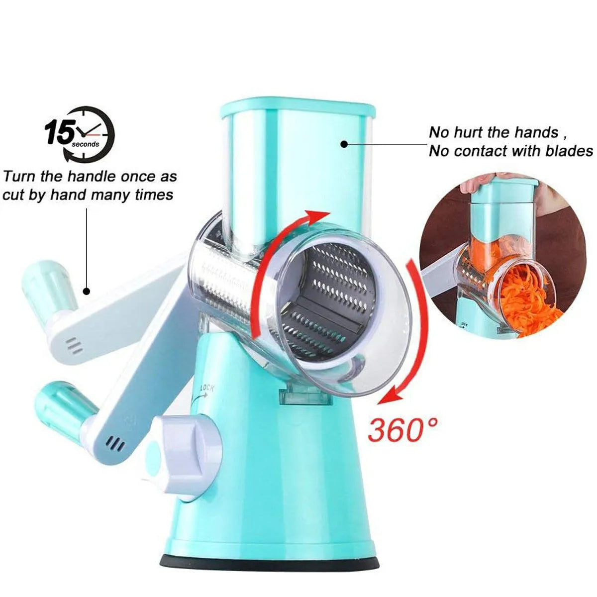Blue round manual mandoline slicer with stainless steel blade for vegetables on a kitchen counter.