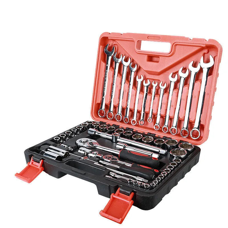 61-piece chrome vanadium steel auto repair socket and wrench set organised in a box