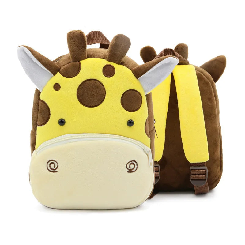 Children's plush animal backpack measuring 26x24x10cm with zipper opening and interior pocket