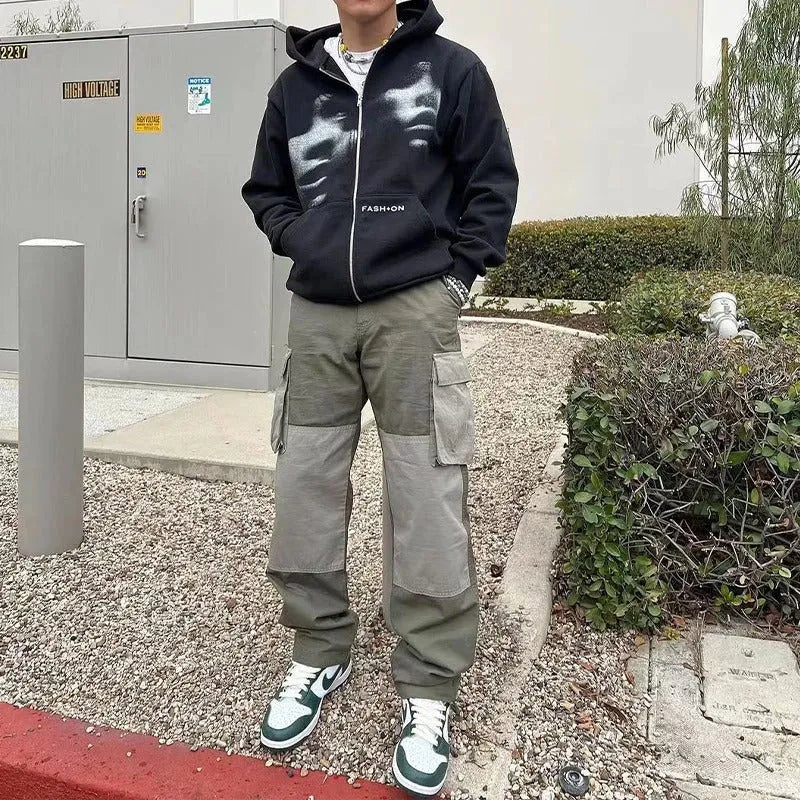 Black Y2K Korean style loose fit zip hoodie for men women teenagers