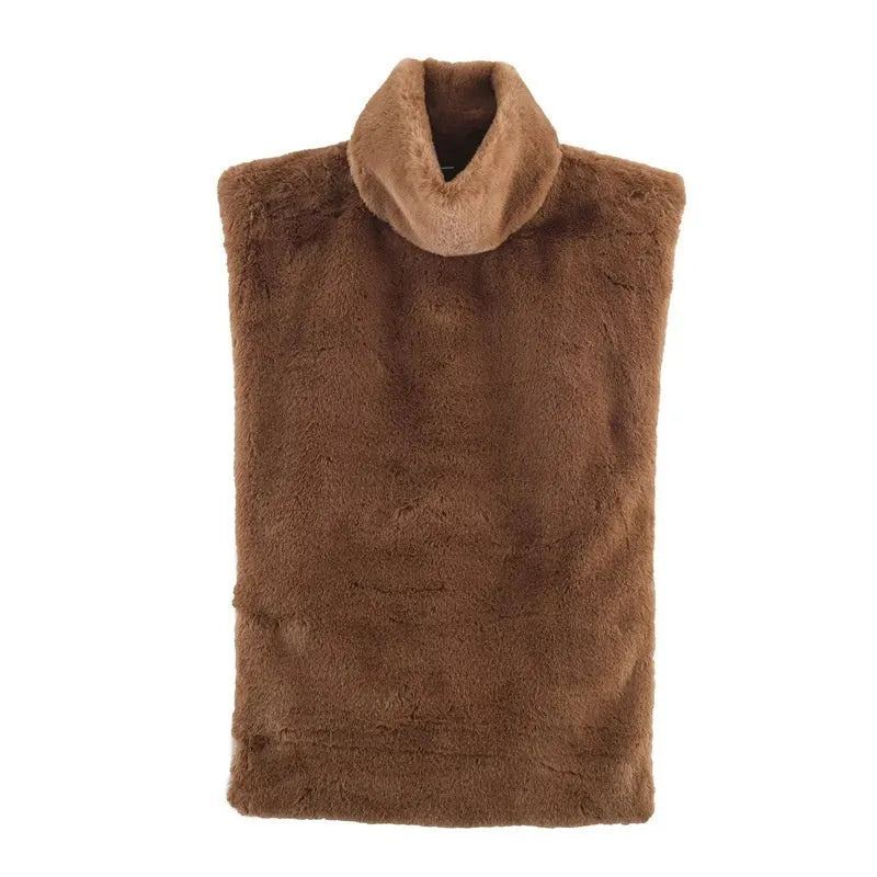 Casual women's furry half-turtle neck sleeveless top in black, short length polyester