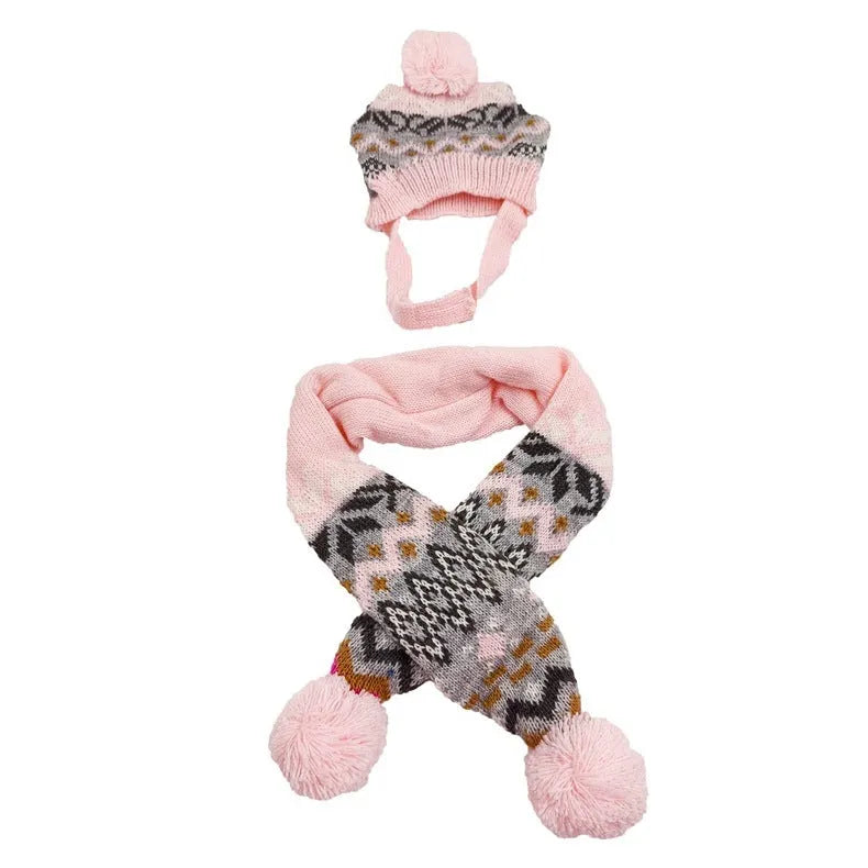 Grey retro jacquard pet sweater, hat, and scarf set on a small dog.