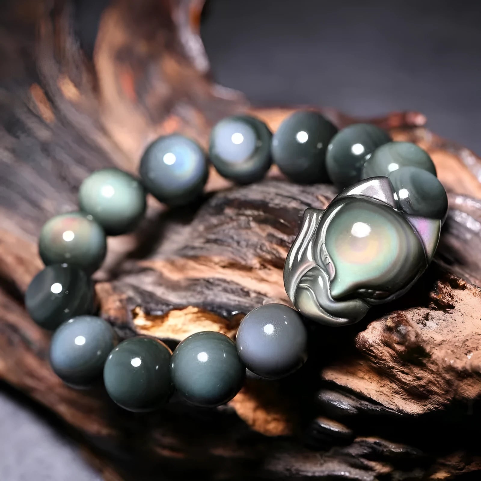 Obsidian gemstone couple bracelet with carved fox charm in three size options