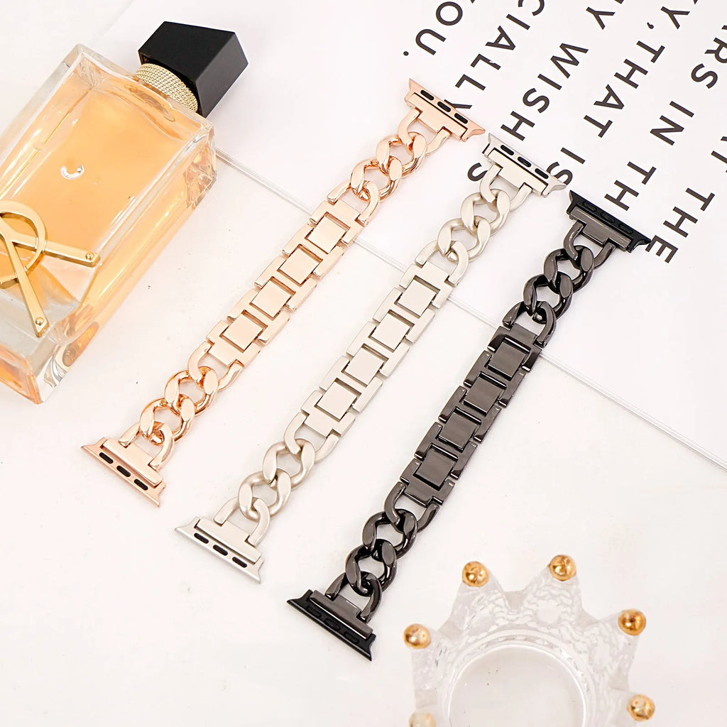Metal denim chain watch strap for Apple Watch in multiple colours on a grey background.