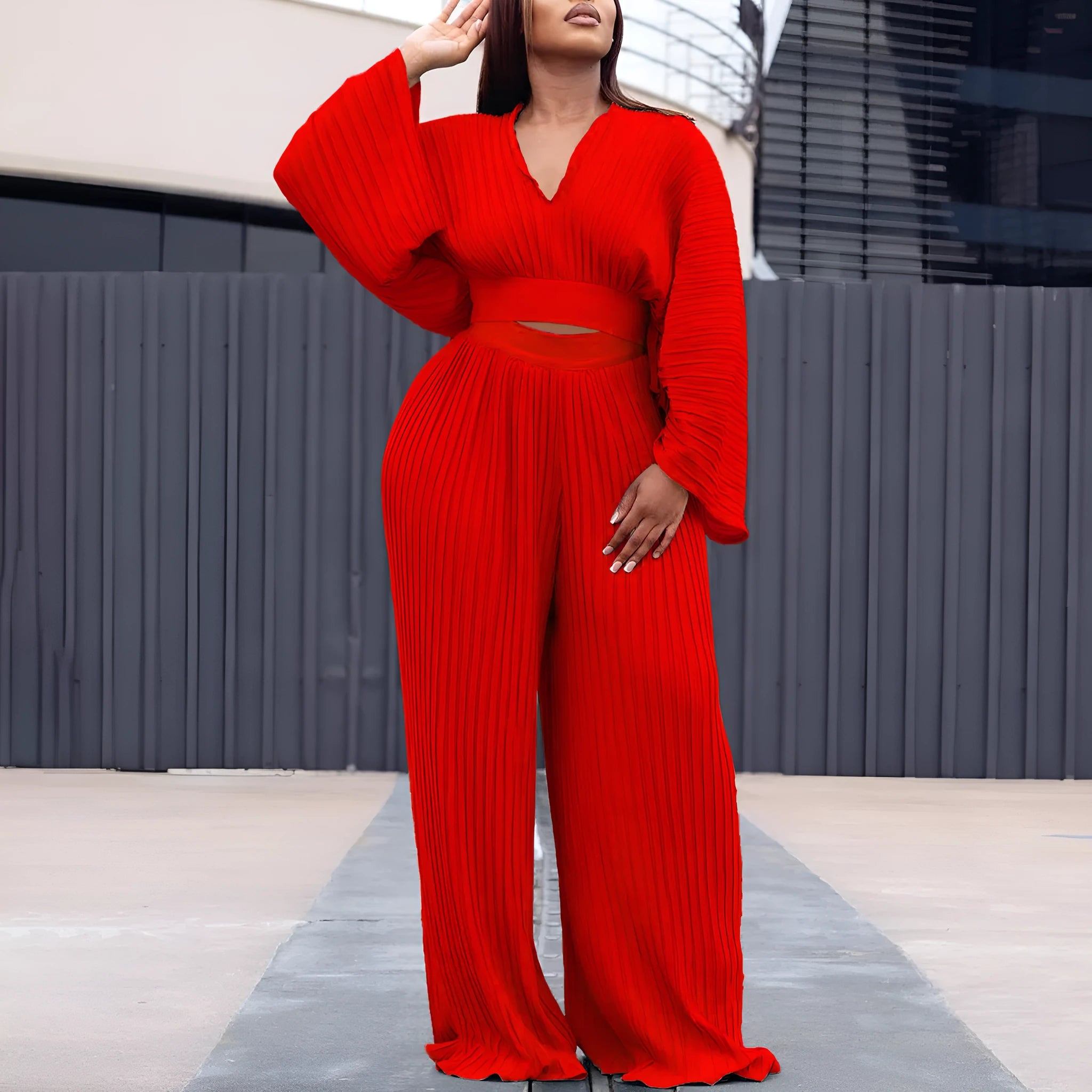 African suit two-piece set with batwing sleeve top and wide leg trousers in red or sapphire blue