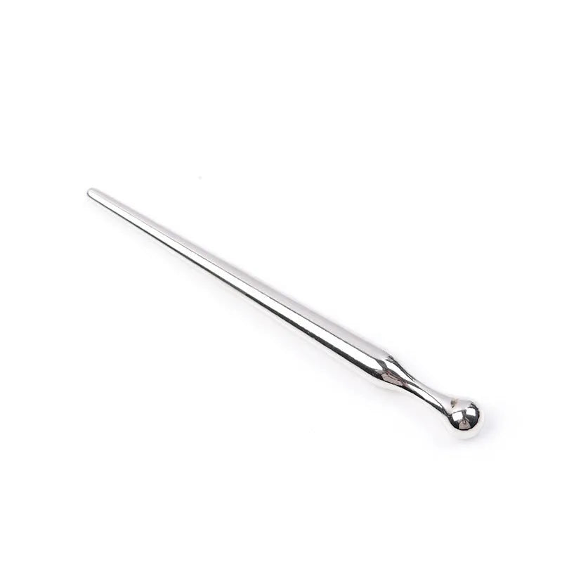 Silver metal urethral plug with round beads and horse eye tip for adult stimulation