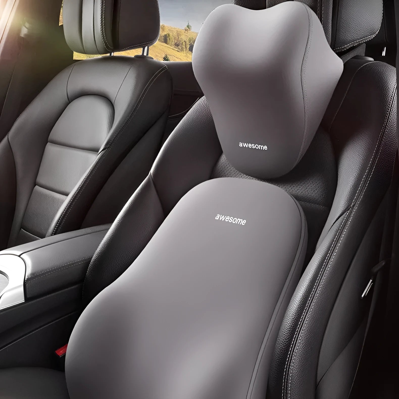Automotive memory foam headrest and lumbar support pillows in black, gray, and beige colour options