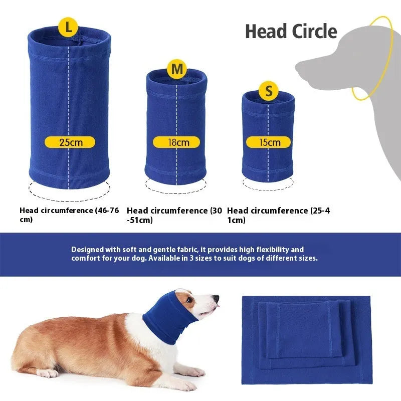 Blue and grey polyester dog headband scarf accessory shown in small, medium, and large sizing options