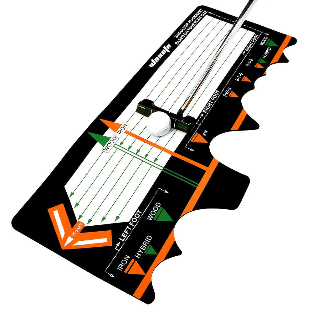 Black neoprene golf swing posture training mat for alignment and stance correction.