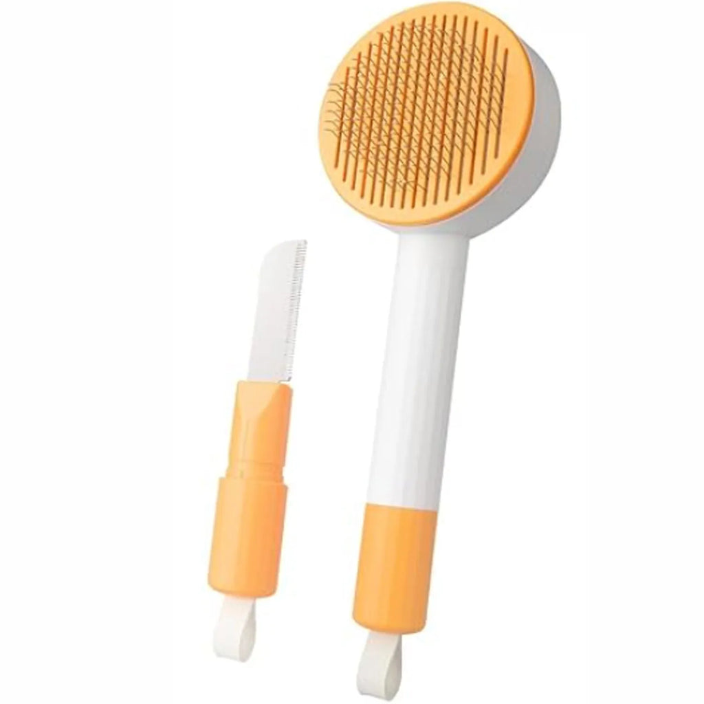 Green and yellow pet grooming brush with stainless steel comb for cats and dogs, showing hanging loop and curved teeth design