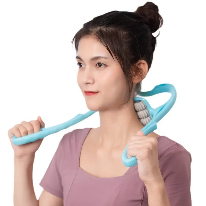 Blue handheld six-wheel electric massager with heat function for neck and shoulders