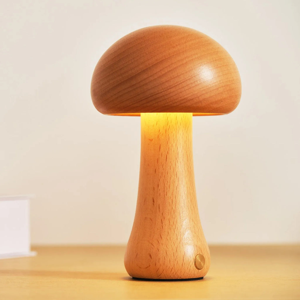 Solid wood mushroom ambience LED table lamp in natural beech colour with button switch