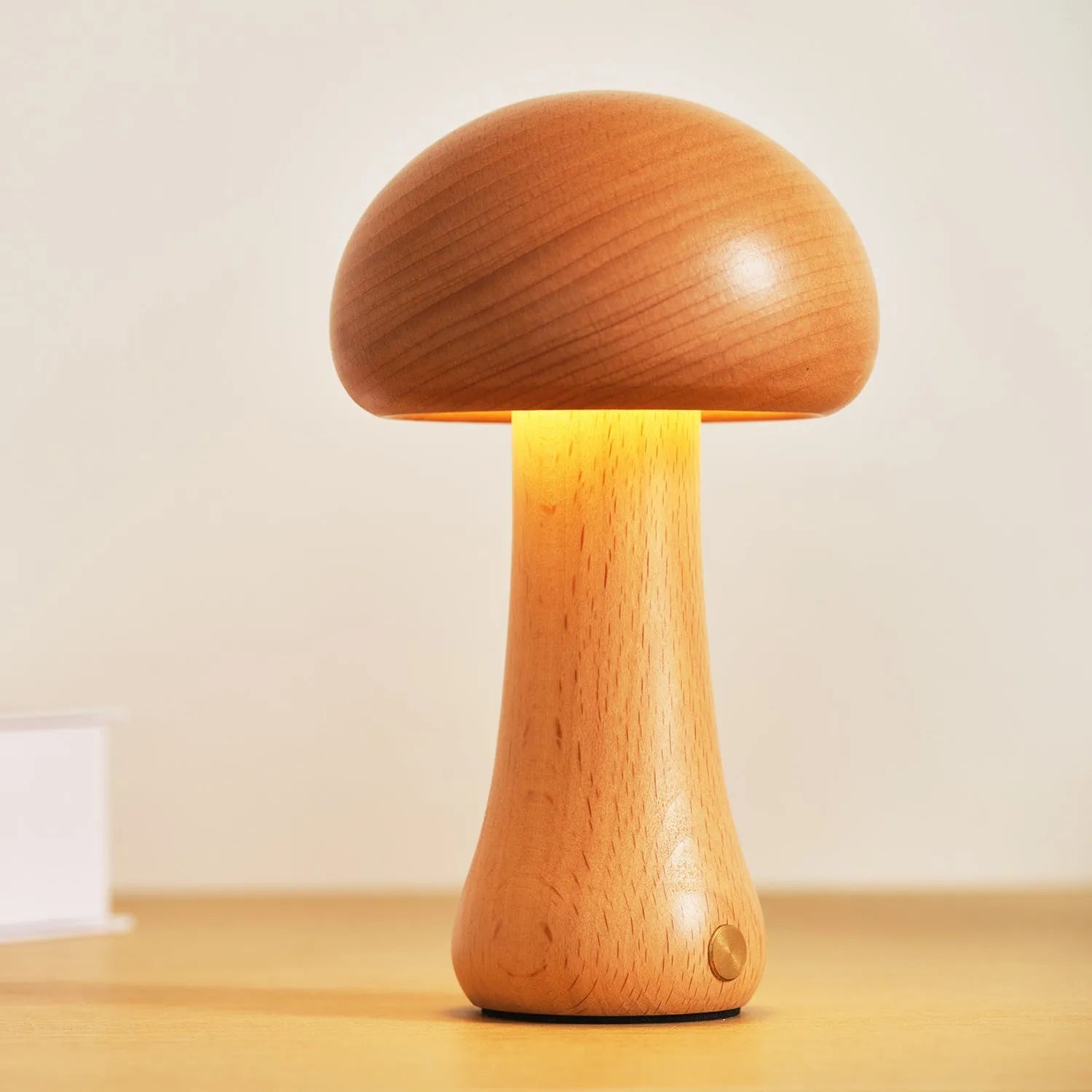 Solid wood mushroom ambience LED table lamp in natural beech colour with button switch