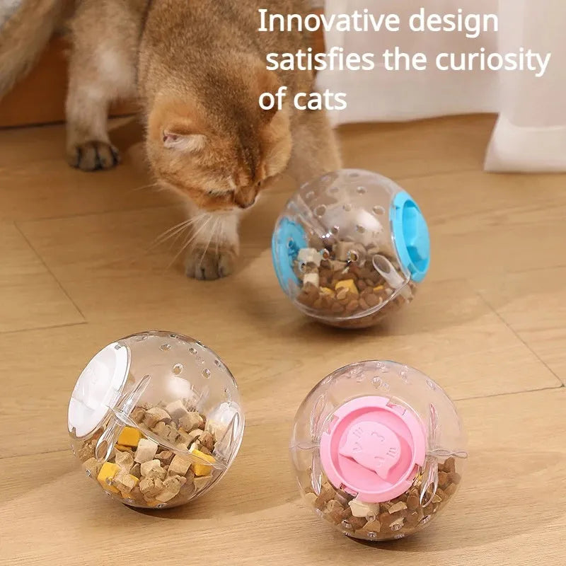 Blue slow feeding ball for cats with leak holes for gradual food dispensing
