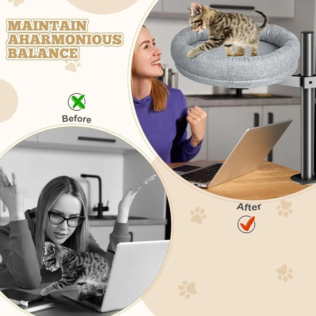 Round grey cloth cat nest with rotating base and adjustable height on a floor