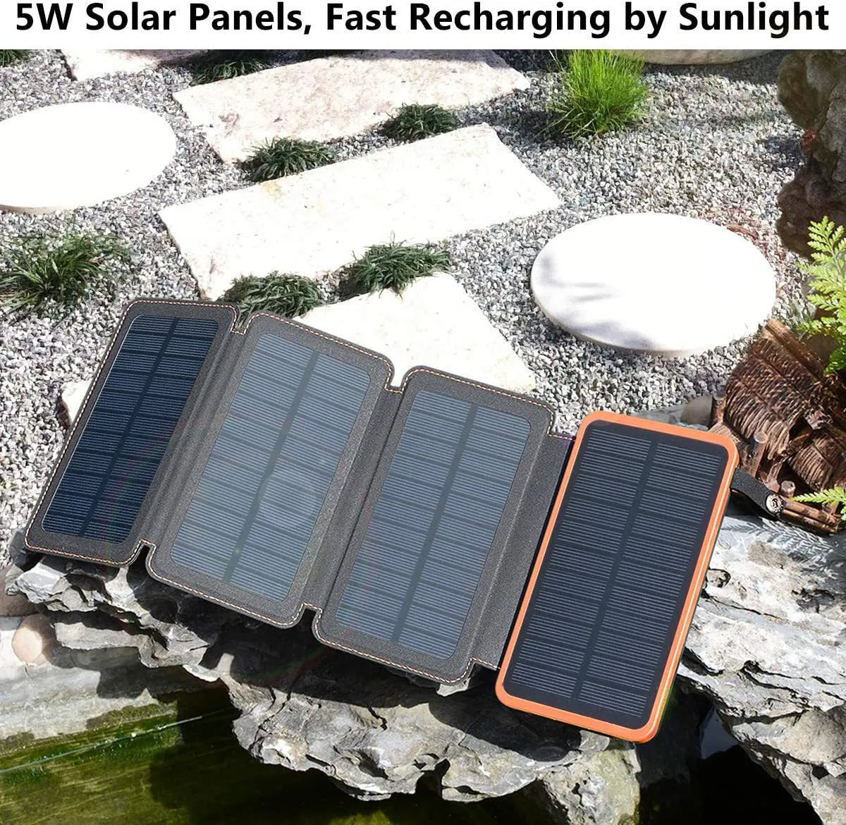 Black outdoor solar power bank with leather finish, showing solar panel and USB ports, next to a charging cable.