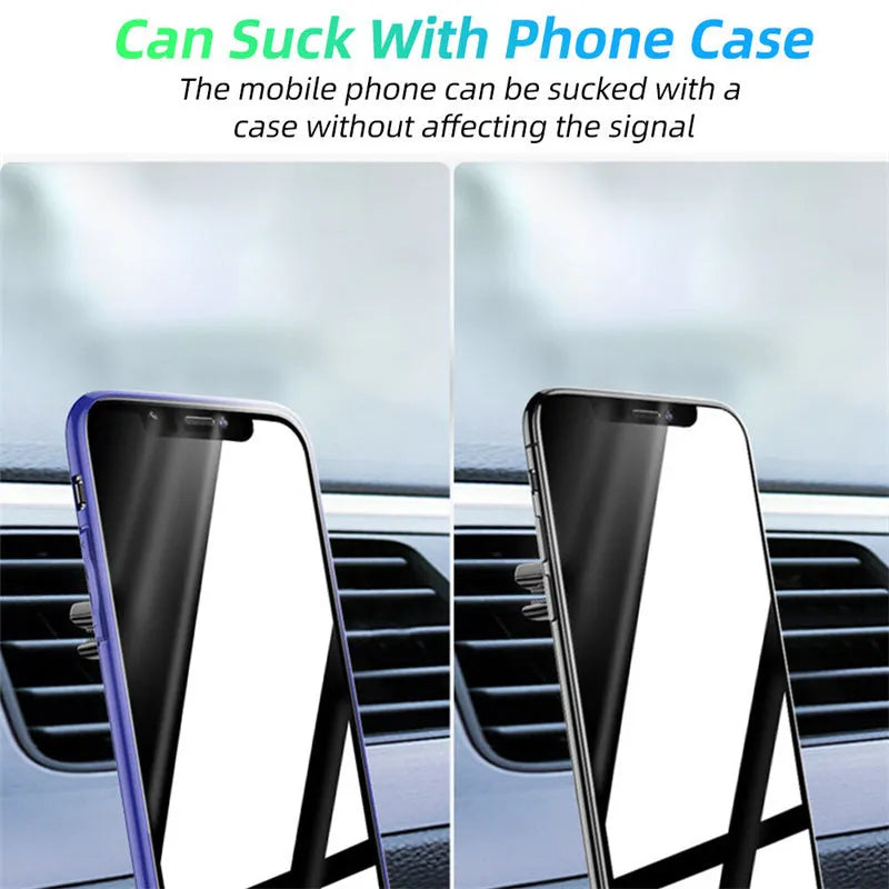 Black magnetic car phone holder clipped to a car air vent, holding a smartphone.