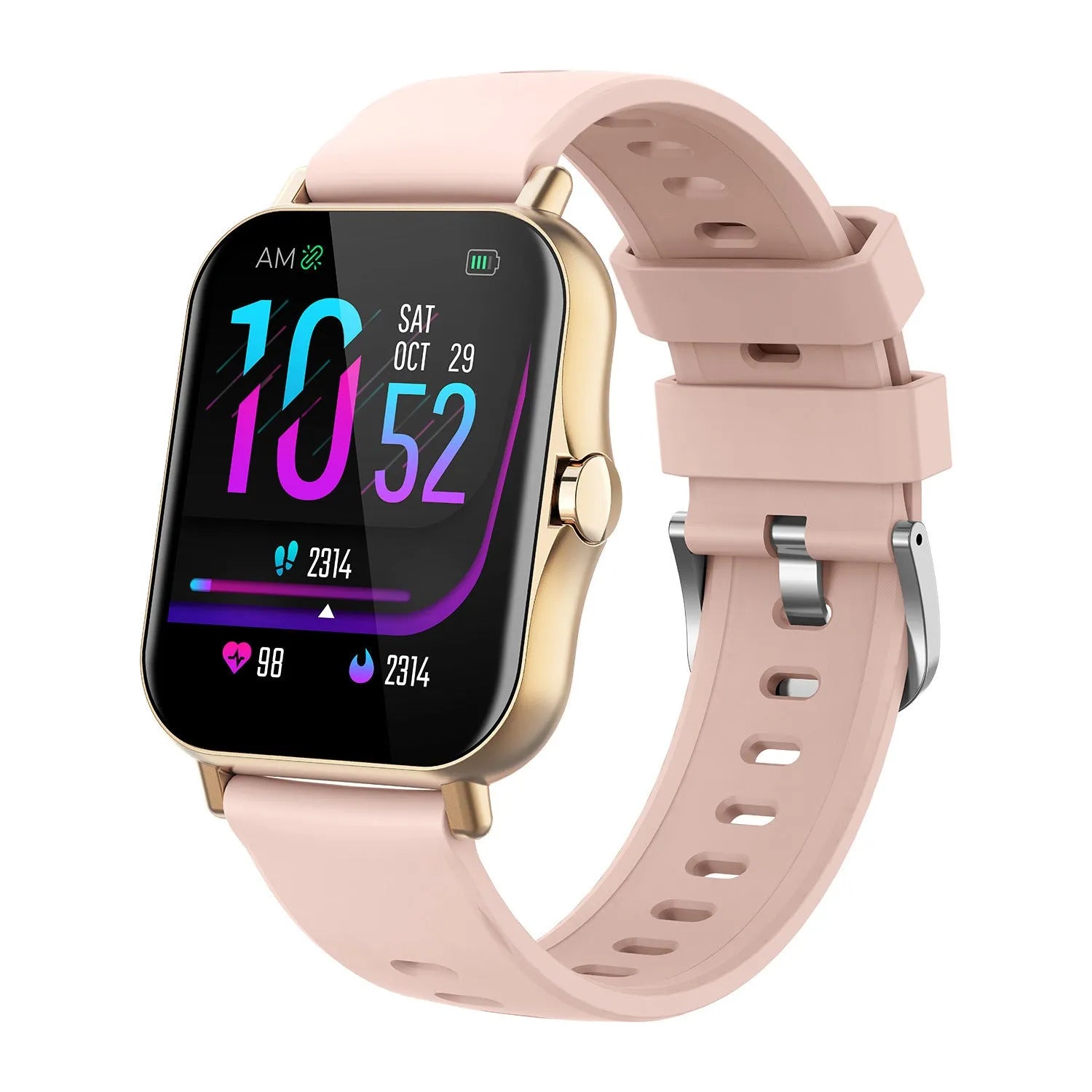 A black Bluetooth smart watch with a curved touch screen displaying a heart rate reading on the wrist.