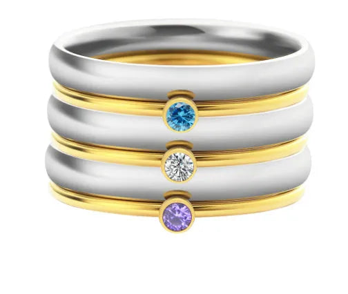 Geometric engraved titanium steel ring with a December three-stone birthstone combination.
