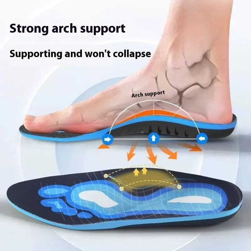 Blue and green PU foam flat foot correction insoles for arch support, shown with size markings.