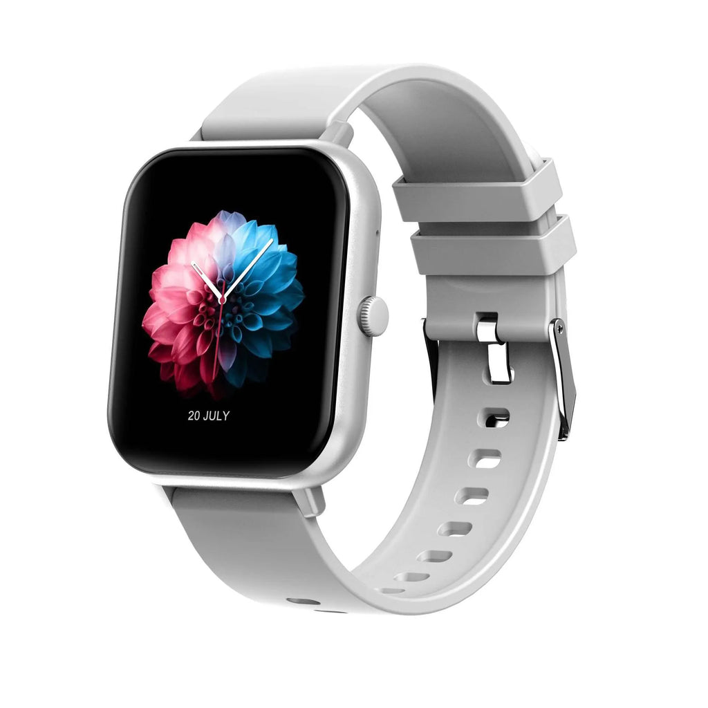 Black smart watch with heart rate monitor on wrist, showing TFT touchscreen displaying step count.
