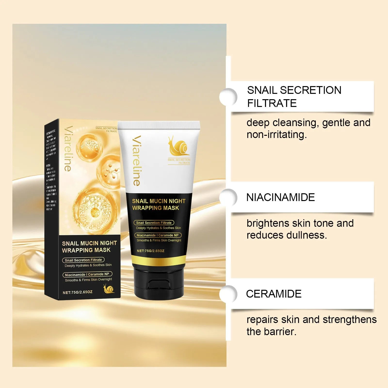Snail mucus facial mask pack with 75g gel containing collagen and ceramide