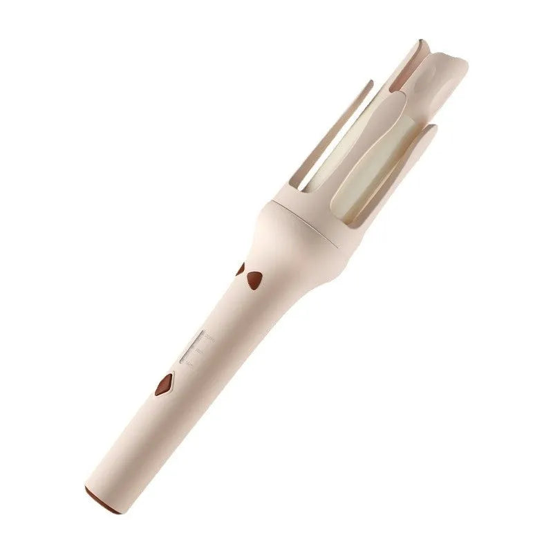 White and pink automatic hair curler with a rotating 32mm ceramic barrel and international plug adapters.