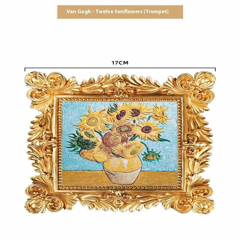 DIY hand drawn oil painting kit showing epoxy pottery base, propylene paints, brushes, and a completed framed Van Gogh 'Starry Night' example.