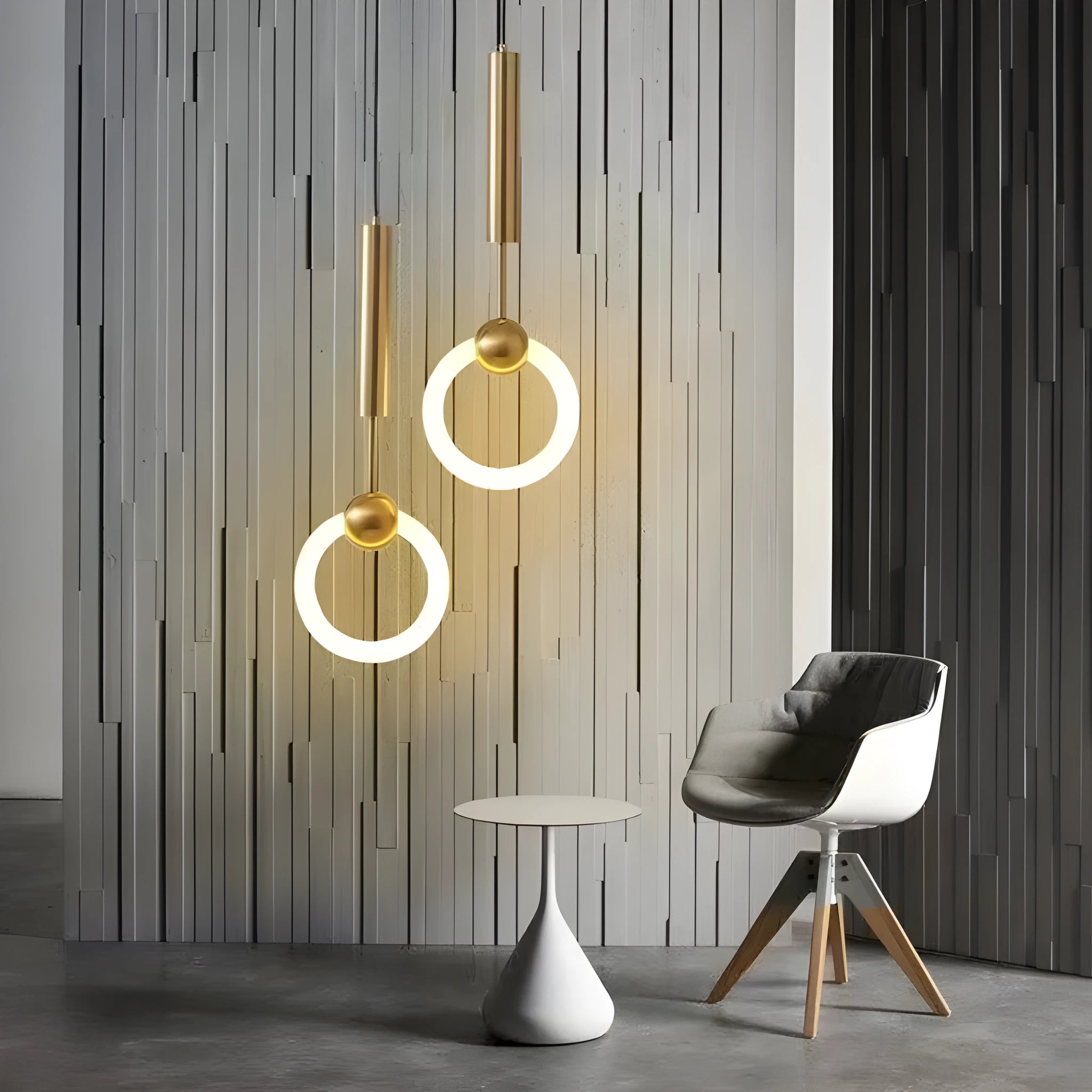 Modern Nordic style U-shaped white pendant light hanging above a wooden bedside table.