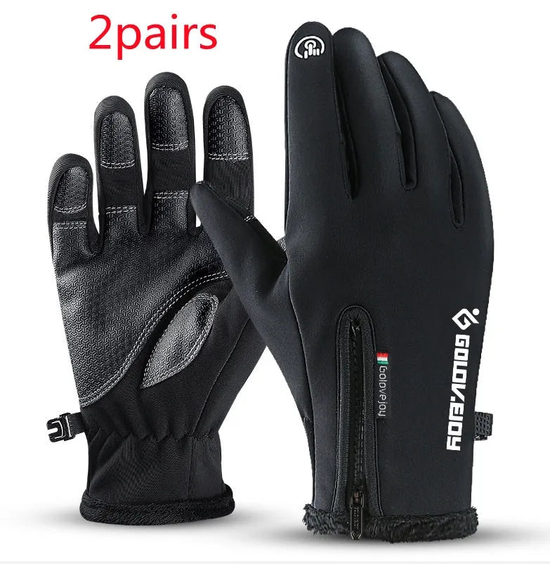 Winter thermal fleece motorcycle gloves with zipper and touch screen fingers on black background