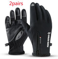 Winter thermal fleece motorcycle gloves with zipper and touch screen fingers on black background