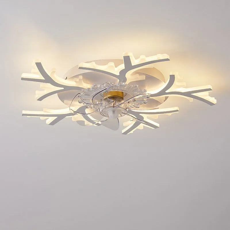 Modern white ceiling fan light with six-blade design and integrated light fitting on a room ceiling.