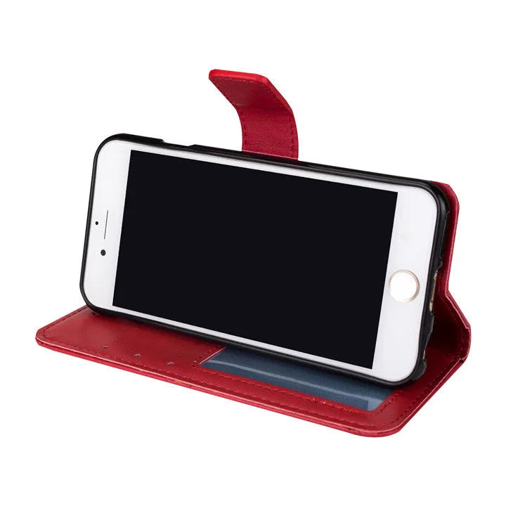 Red flip type anti-drop mobile phone case for Apple iPhone 6 Plus 6S Plus with imitation leather relief texture