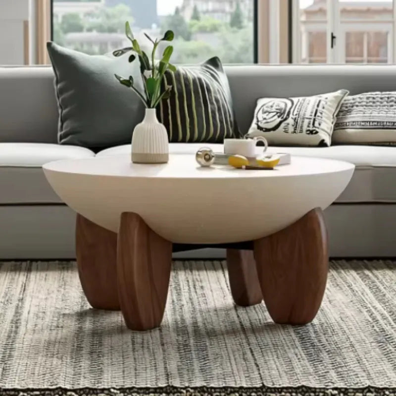 White solid wood coffee table with adjustable height mechanism and storage