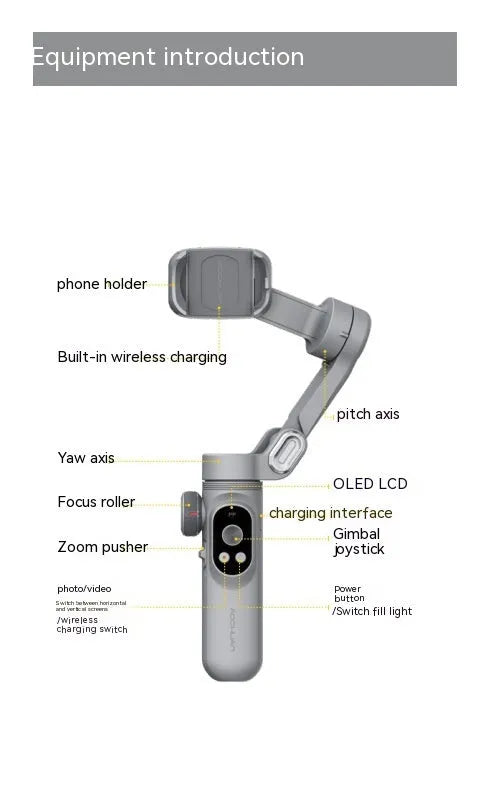 Silver grey three-axis smartphone gimbal stabiliser with extended arms and Bluetooth remote control