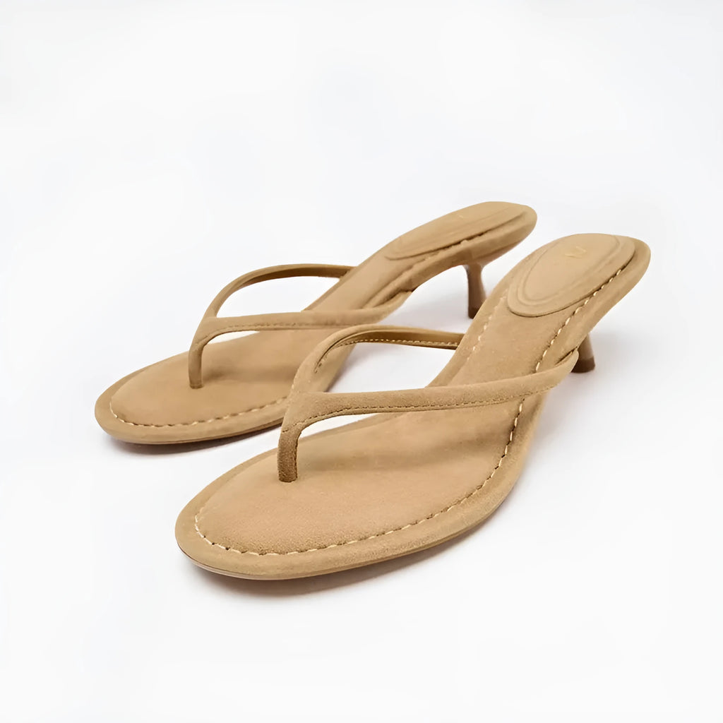Women's khaki round-toe mid-heel flip-flop sandals with a microfiber upper and rubber sole on a white background.