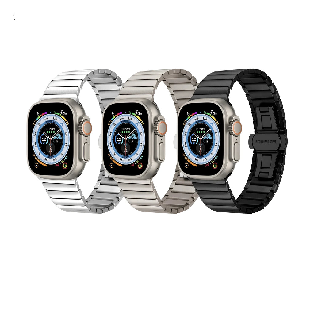 Stainless steel strap with bow buckle suitable for Apple Watch 8, 316 metal band in silver