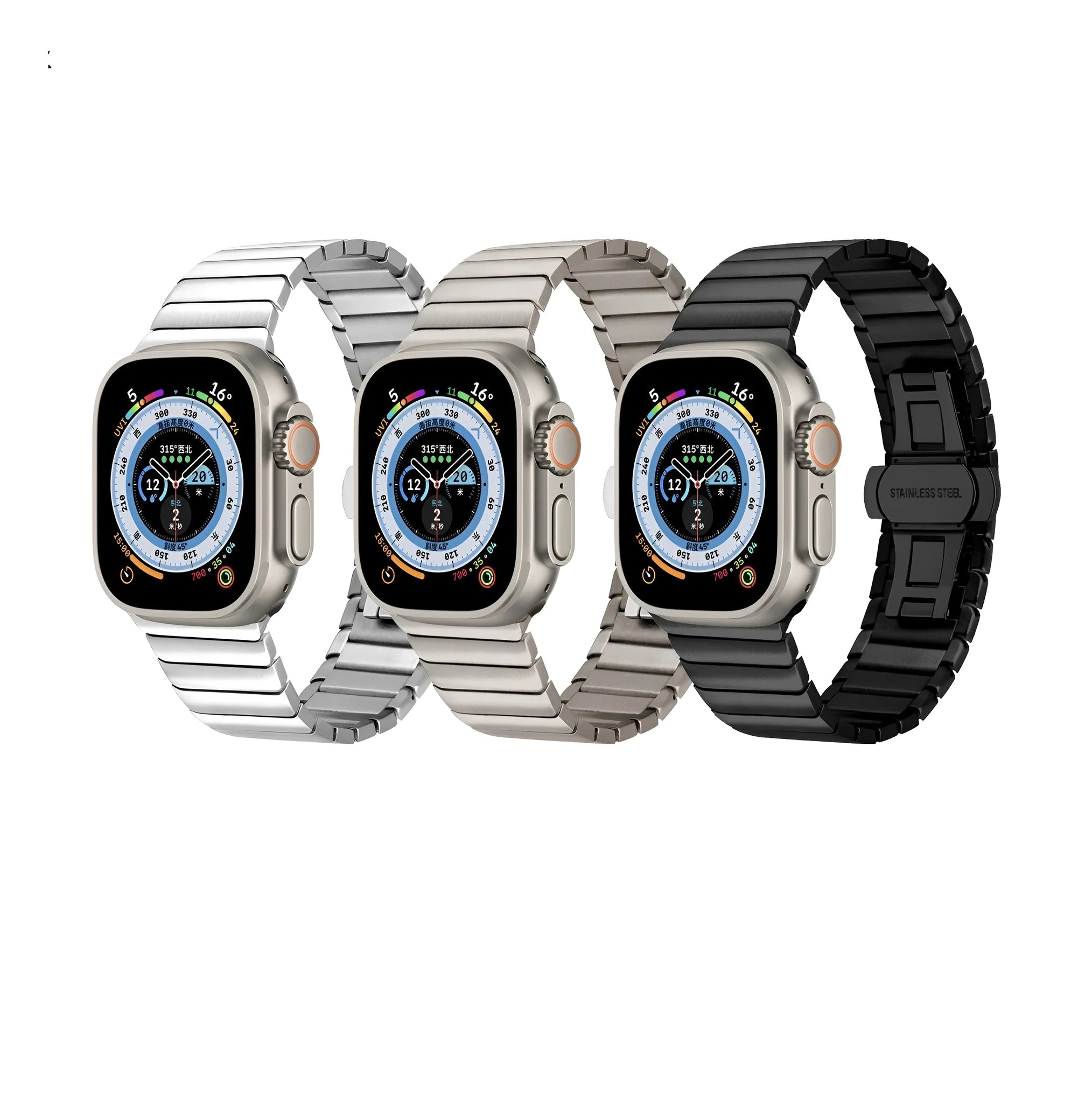 Stainless steel strap with bow buckle suitable for Apple Watch 8, 316 metal band in silver