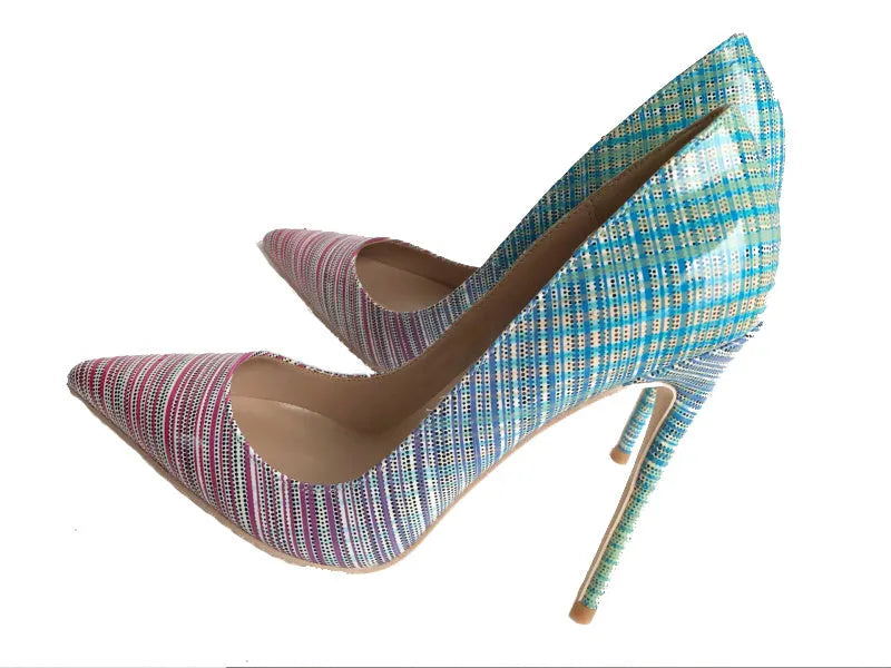 Women's pink to blue gradient patent leather pointed-toe high heels with a high stiletto heel on a rubber sole.