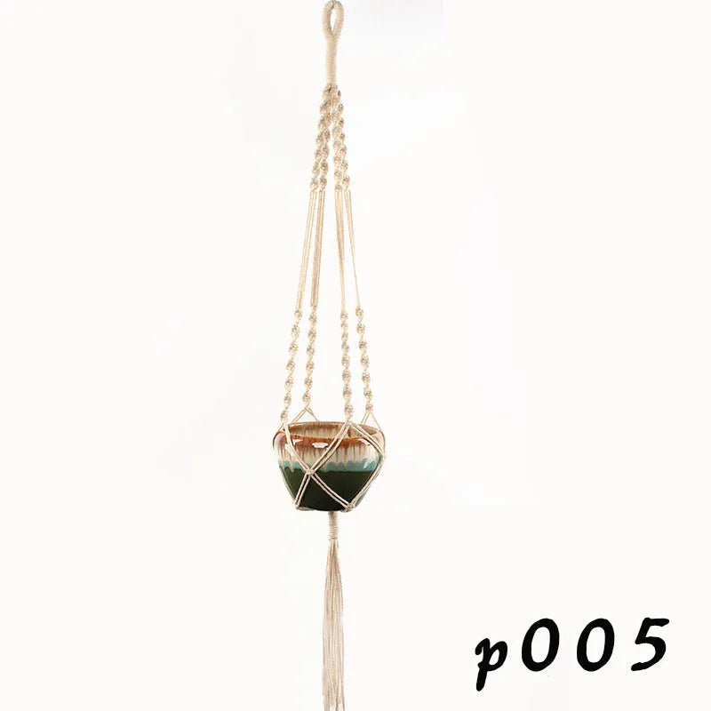 Woven cotton rope macrame plant hanger in a village style, shown as a desktop and wall-mounted planter.